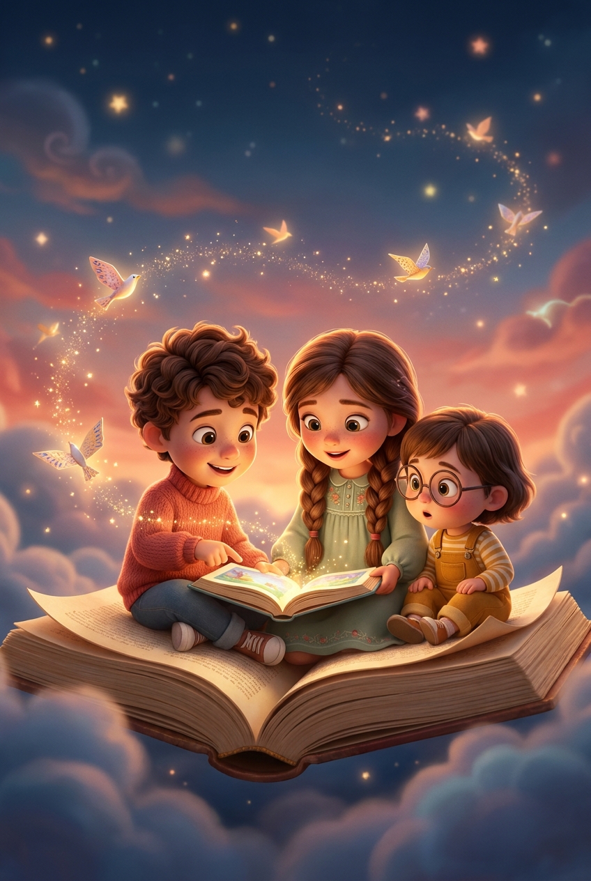 Paper-cut illustration of children reading a magical glowing book together